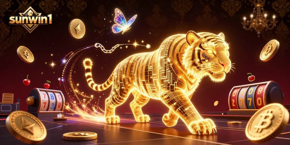 Engage in thrilling gameplay with sunwin1's golden tiger amidst bright slots and crypto elements.