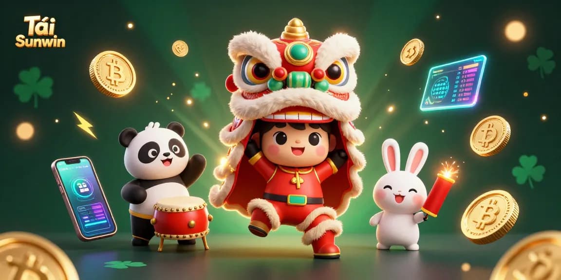 Tải Sunwin with festive characters dancing, surrounded by vibrant crypto elements and rich decorations.