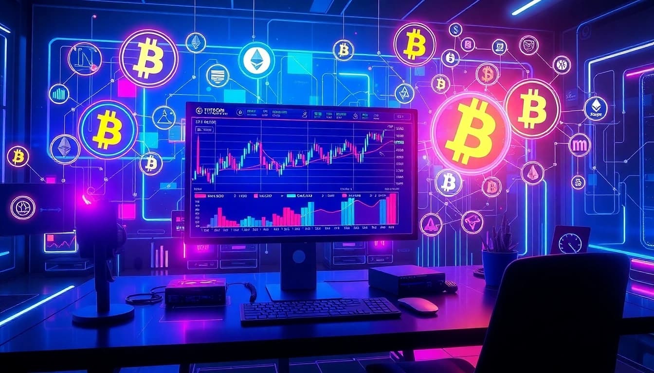 Biurko do handlu kryptowalutami z Bitcoin, Ethereum oraz wizualizacje zabezpieczeń portfela cyfrowego.
