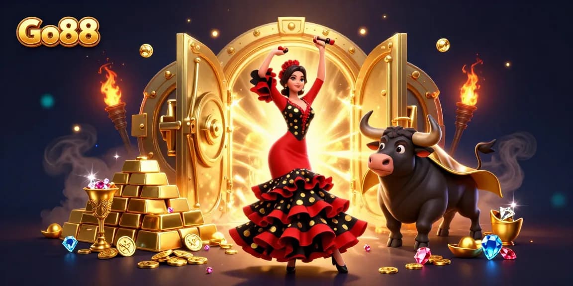 Engage with Go88's vibrant casino world featuring a flamenco dancer and treasure vault.