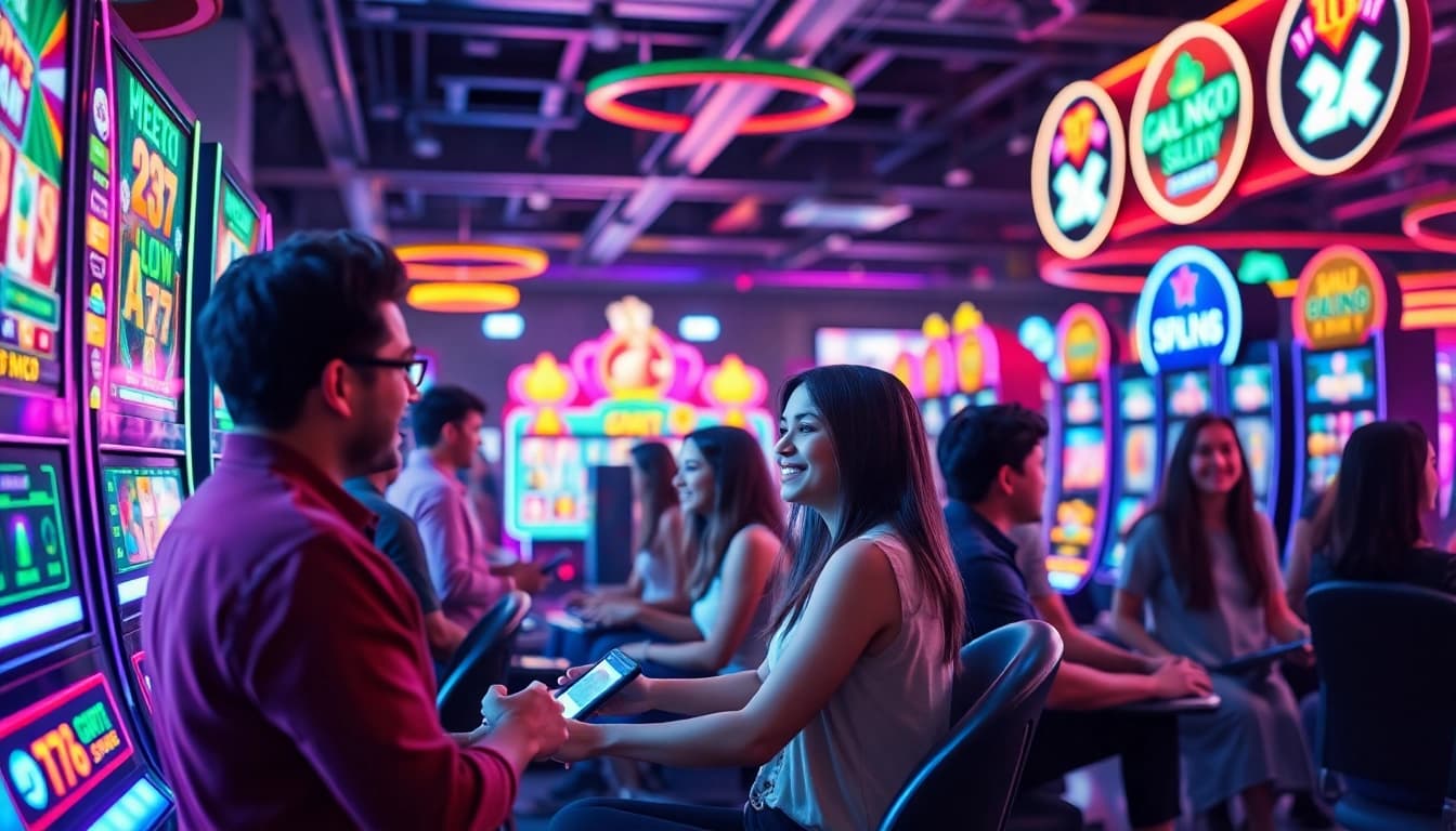 Petani toto bermain slot dalam lingkungan kasino online yang cerah dan meriah.