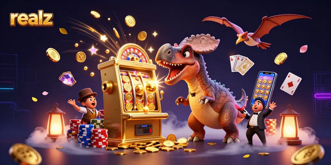 Experience the excitement of realz with a cartoon dino jackpot scene in a vibrant casino setting.