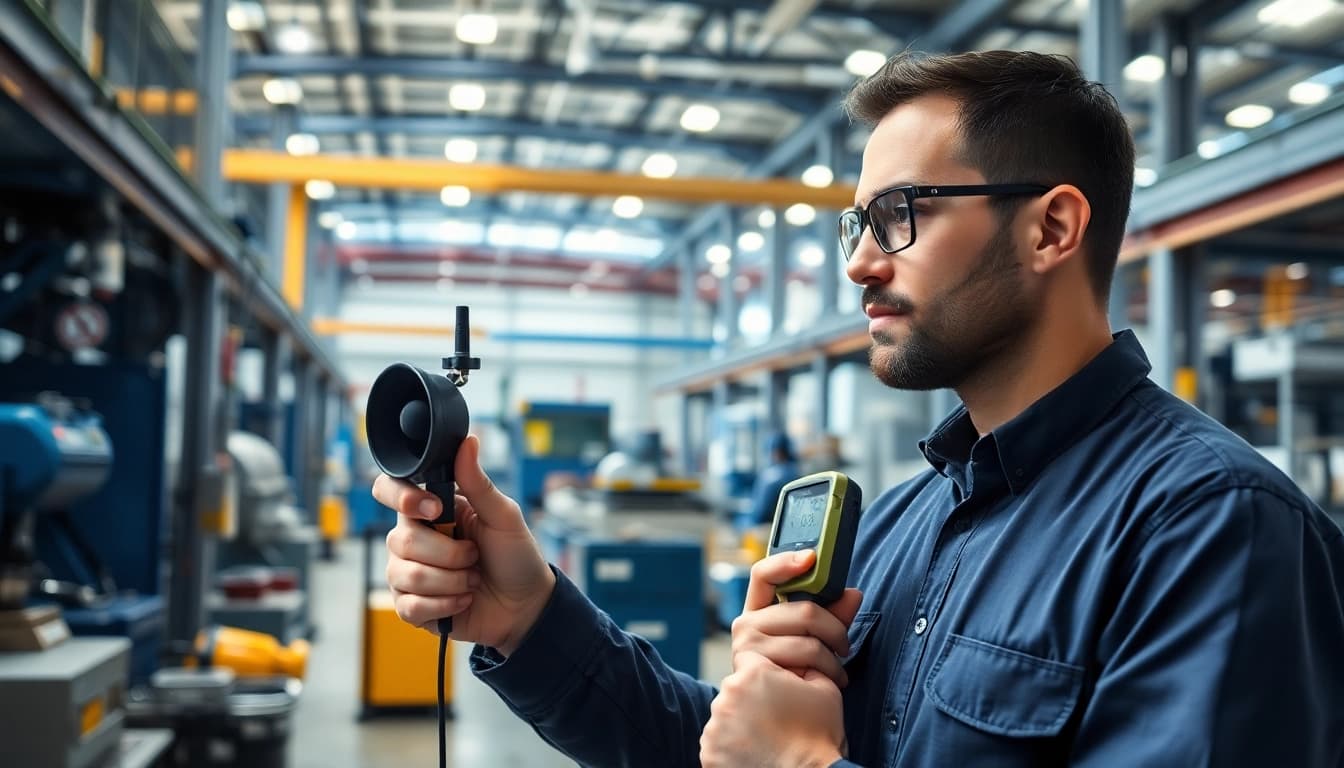 Conducting a noise assessment survey with a professional sound engineer evaluating workplace noise levels.