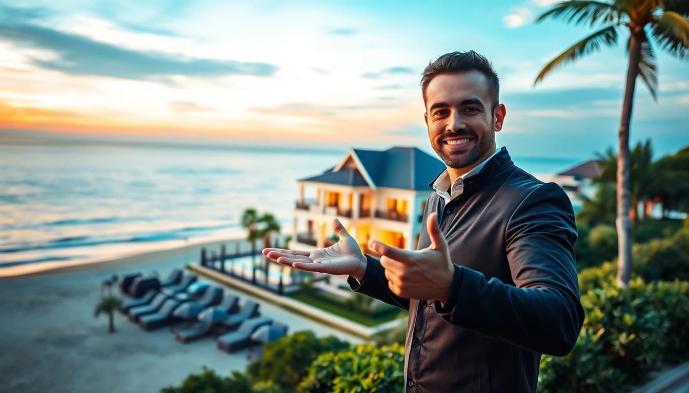Pattaya property for sale presented by a real estate agent in a captivating beach setting during sunset.