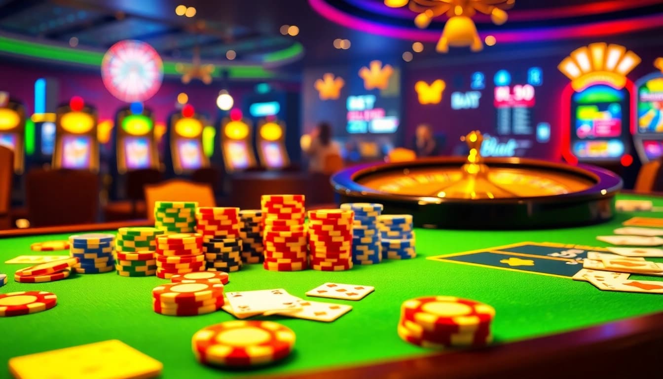 Experience the thrill of Bl555 with vibrant casino tables, poker chips, and engaging slot machines.
