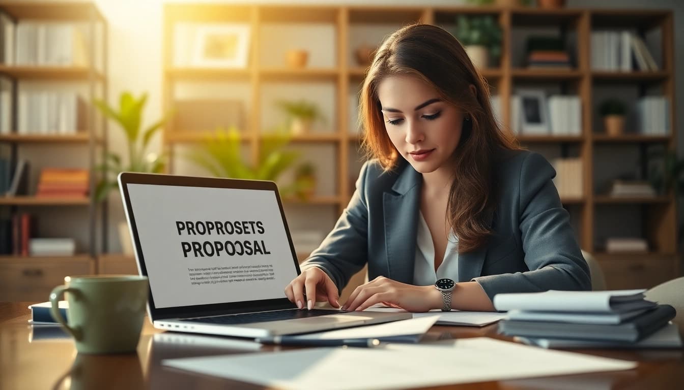 Engaging in customized proposal writing at an office desk, showcasing focus and professionalism.