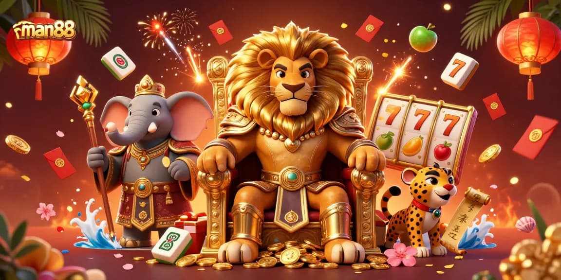 Experience thrilling games at man88 with fierce lion king surrounded by vibrant casino elements.