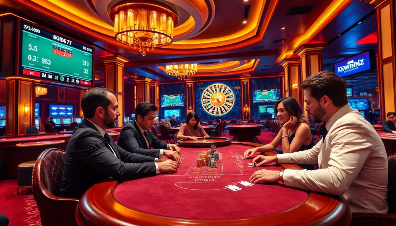 Engaging players at a poker table in a luxury casino environment showcasing https://kkwinzz.com/.