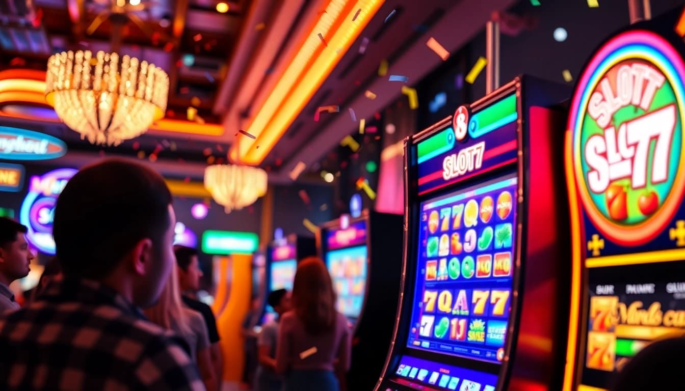 Bermain Slot77 di terminal kasino yang cerah dengan pemain yang bersemangat.