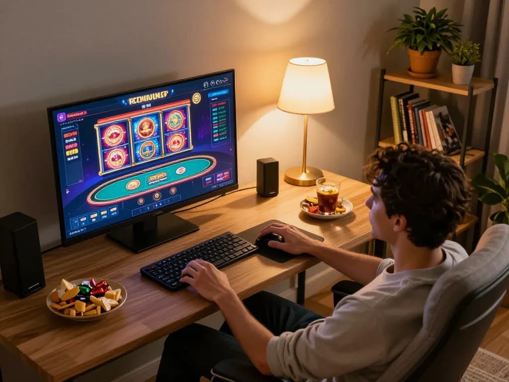Player engaging in strategic online gaming at PHPVIP platform on a laptop surrounded by a cozy setup
