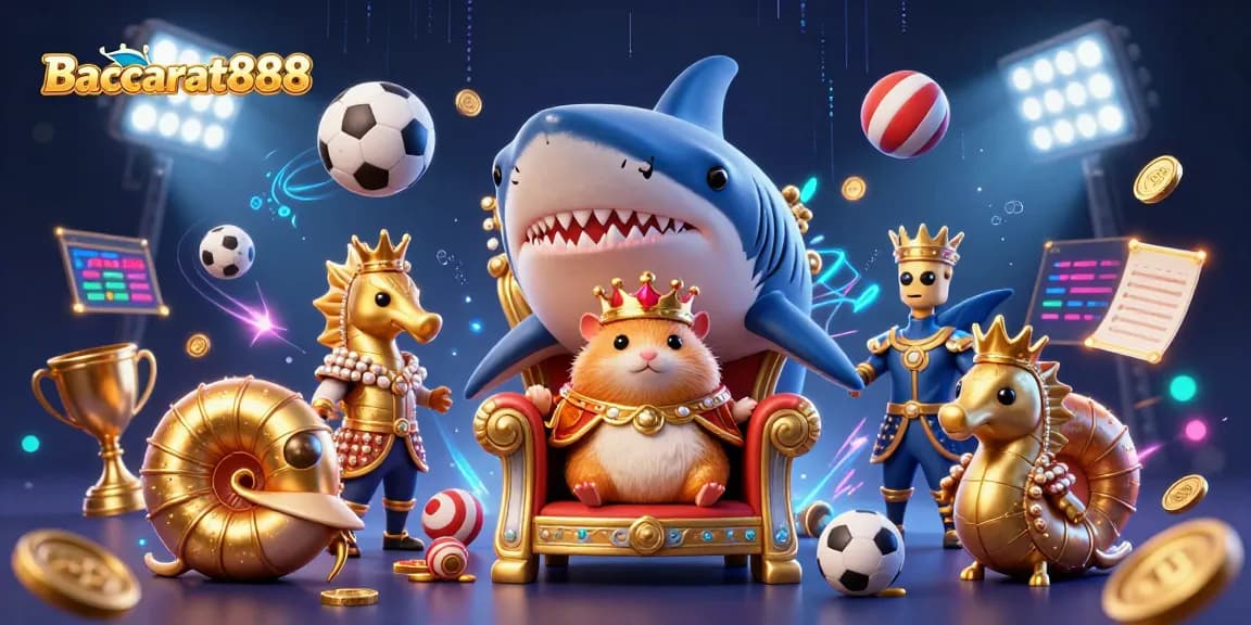 Baccarat888 showcases a golden hamster king on a megalodon throne, surrounded by dynamic sports elements in a rich casino environment.