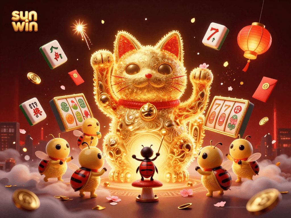Engage with the sun win theme through vibrant slot elements and a lucky cat illustration.