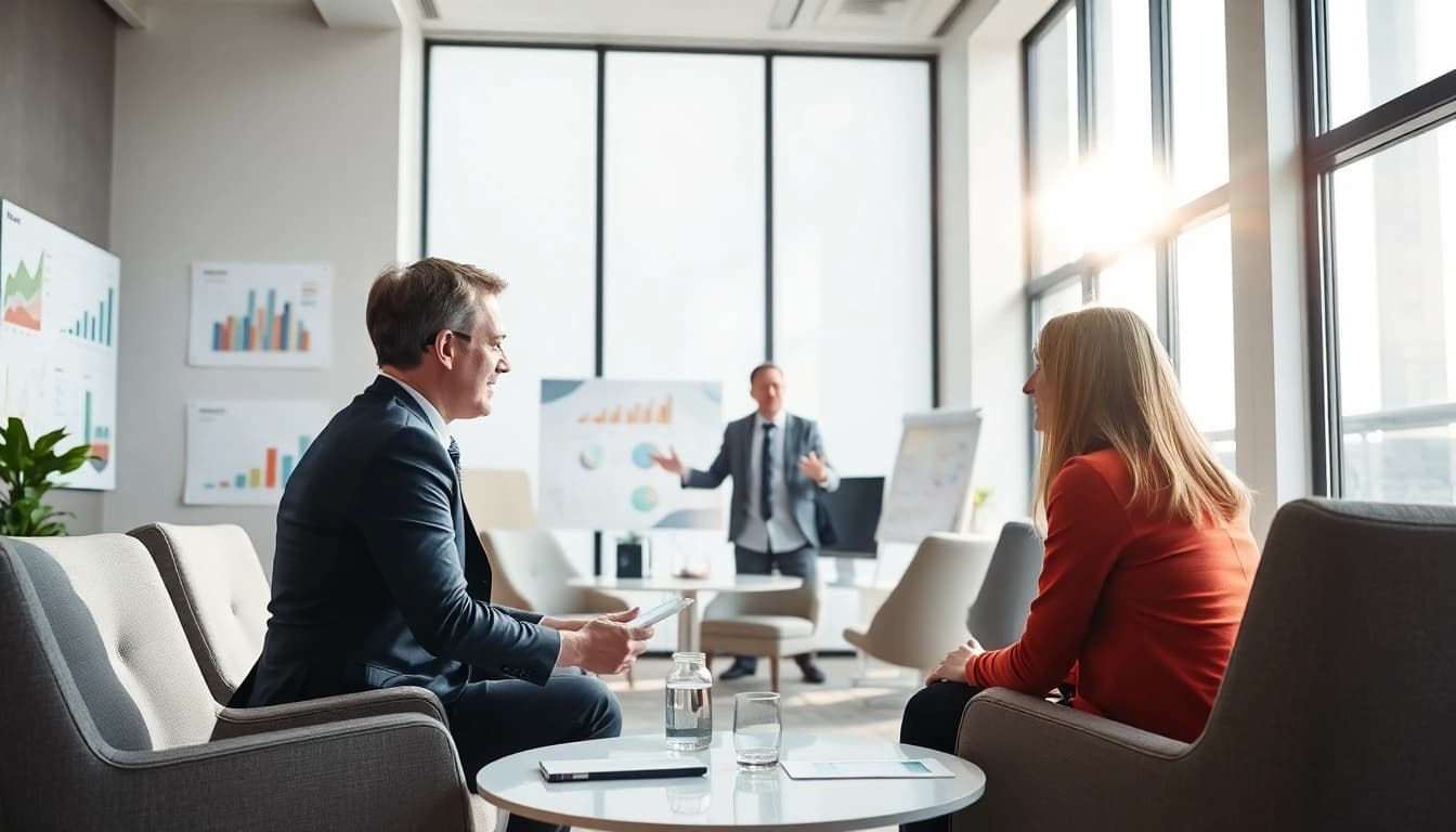 Executive Communication Coach engaging with clients in a modern office environment.