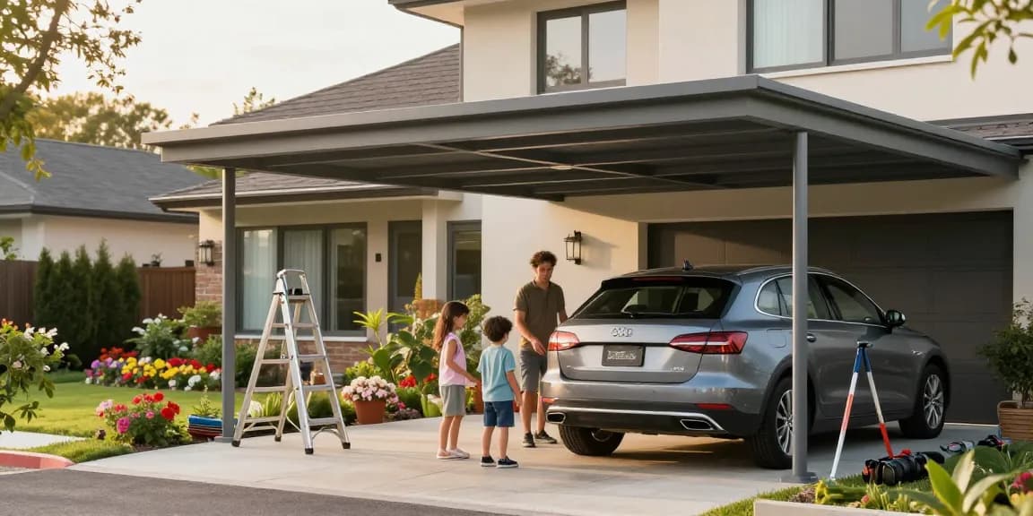 Moderne Carport-Installation mit Familie und Garten im Hintergrund