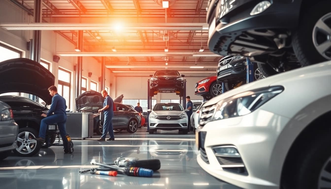 Begeisterte Mechaniker in der besten autowerkstatt in berlin zeigen handwerkliches Geschick.
