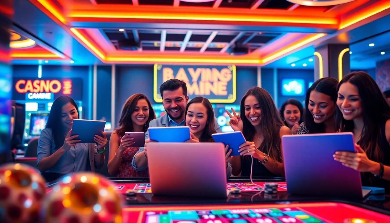 Erleben Sie das online casino spielen in einer lebhaften Atmosphäre mit Spielern und modernen Geräten.