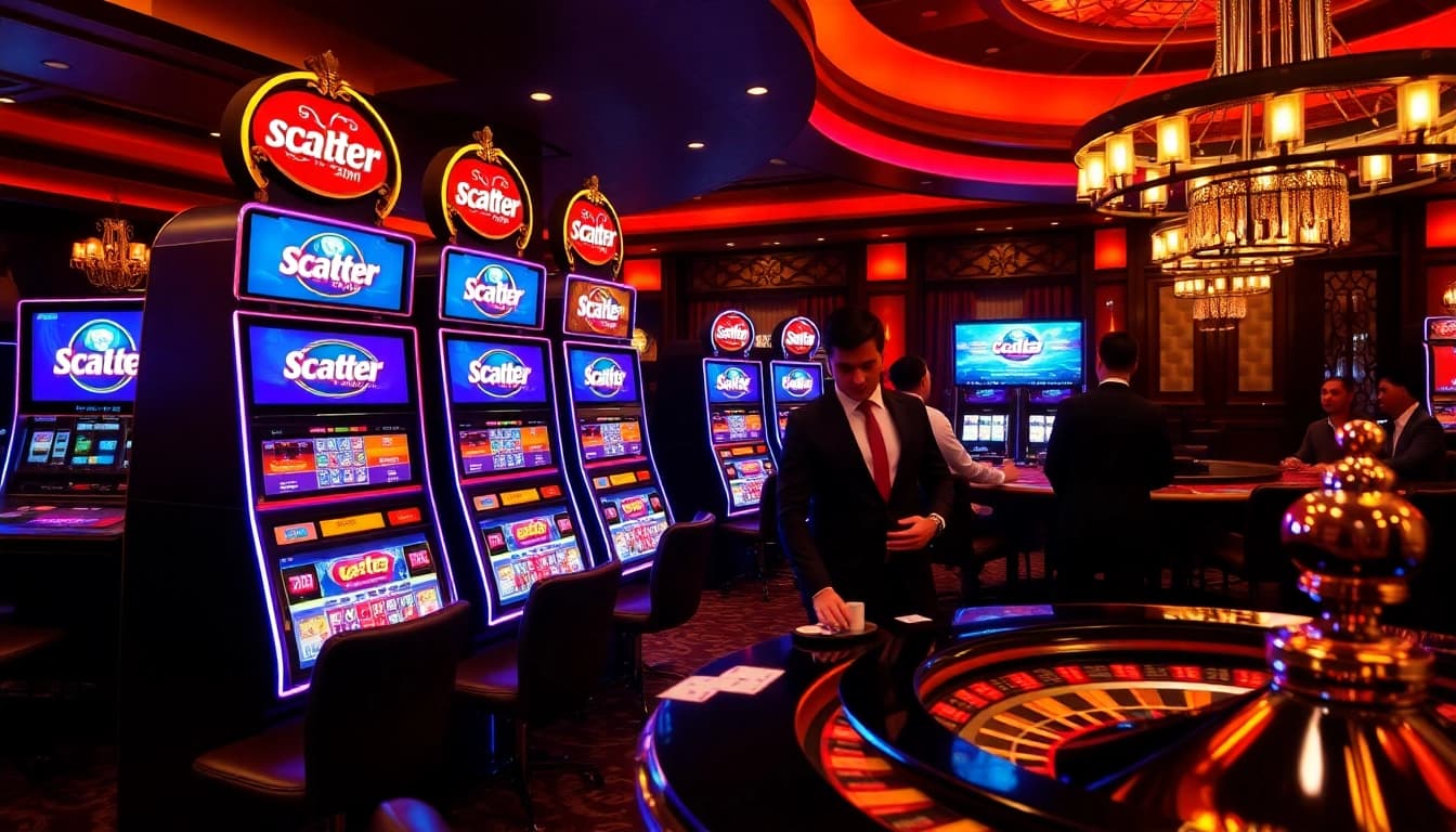Experience the thrill of scatter hitam as players engage at a poker table in a vibrant casino.