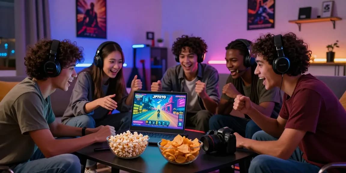 Group of friends enjoying JPTOTO gaming night in cozy living room
