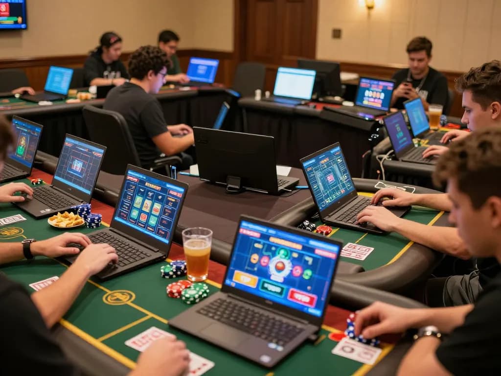 Players enjoying the thrill of rr88bet online gaming on laptops and mobile devices in a cozy home setting