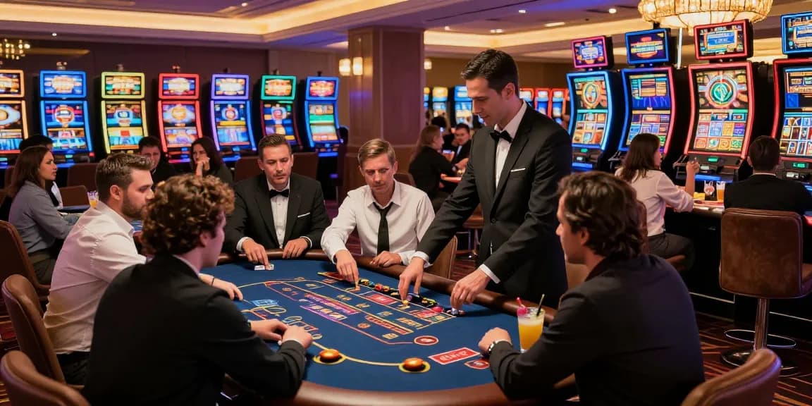 Casino atmosphere at https://vin88-casino.games/ with players engaging at tables, vibrant gaming environment.