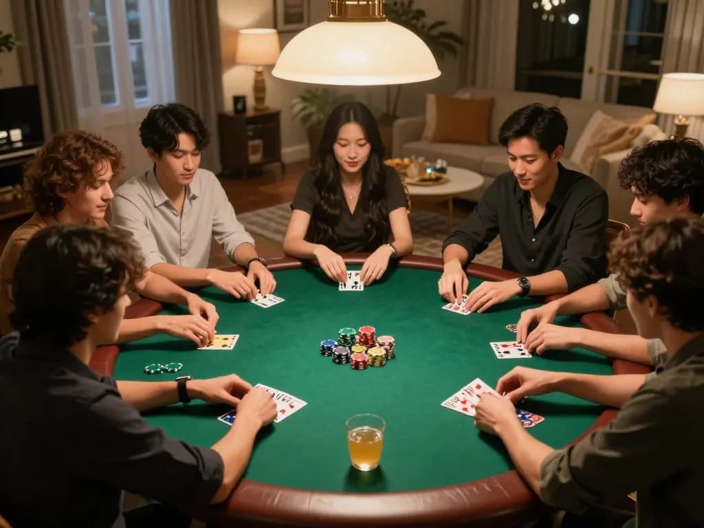 Agen Casino Online poker game at home with friends sharing laughs and strategies.