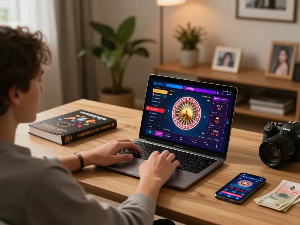 79king player engaging with online roulette strategies in a cozy home office