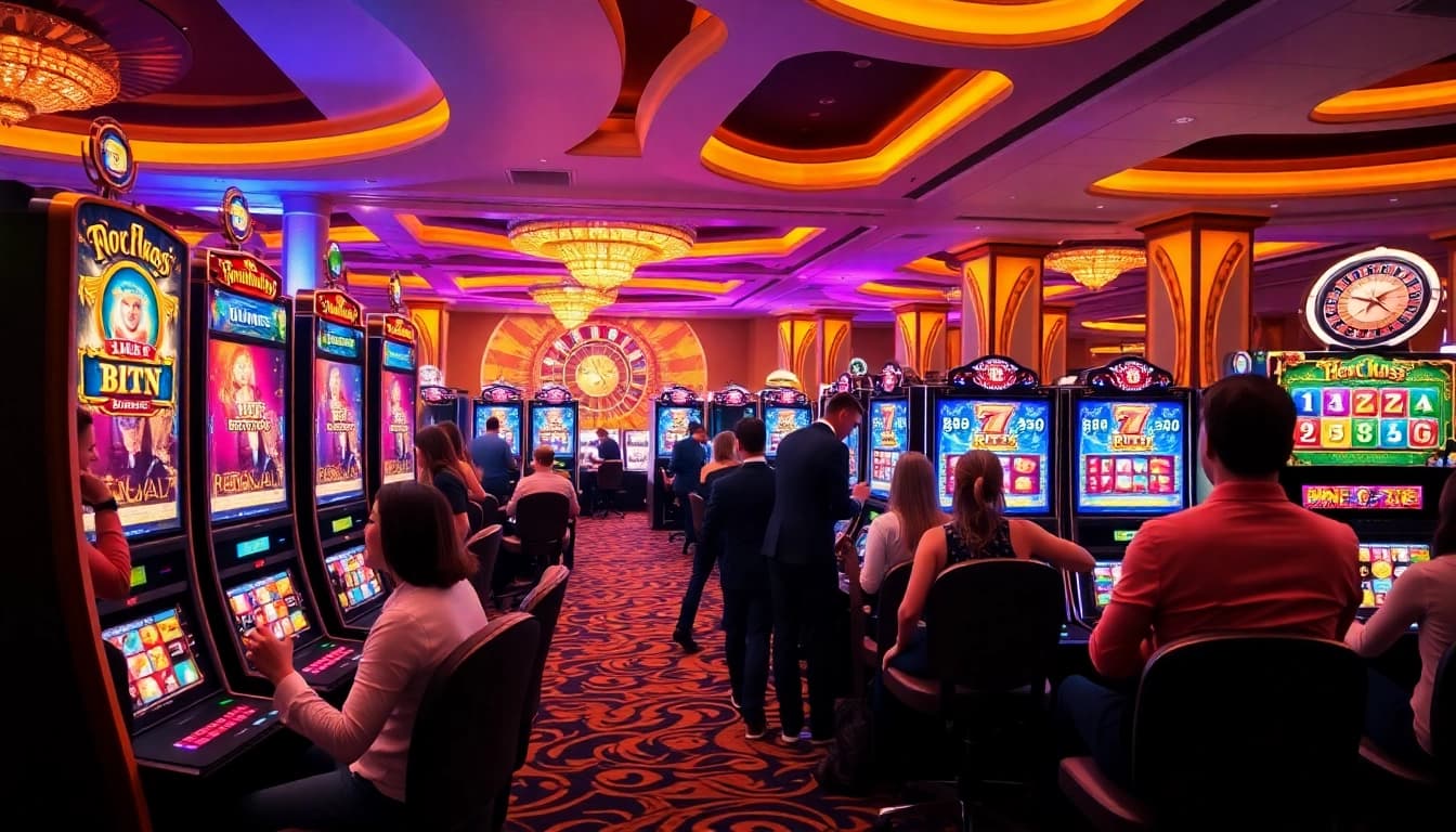 Engage with high RTP Pragmatic Play slots at a luxurious casino, showcasing colorful machines and vibrant atmosphere.