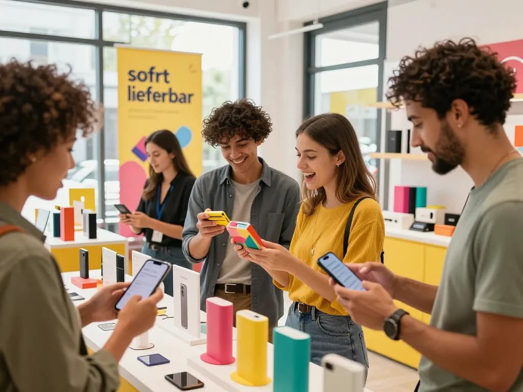 Ansprechende E-Commerce-Szene, die sofort lieferbar Produkte und Einkaufende in einem lebhaften Geschäft hervorhebt.