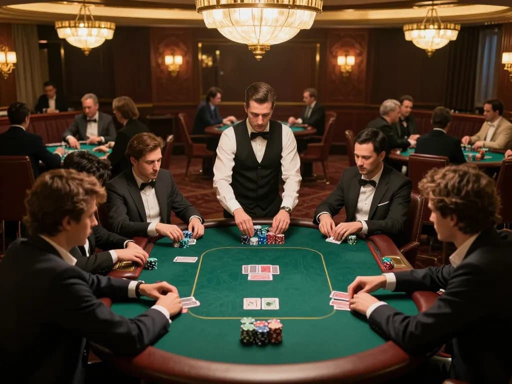 Engaged players strategizing during a poker game at an upscale venue, thehiddenwiki links offering insights into serious gambling.