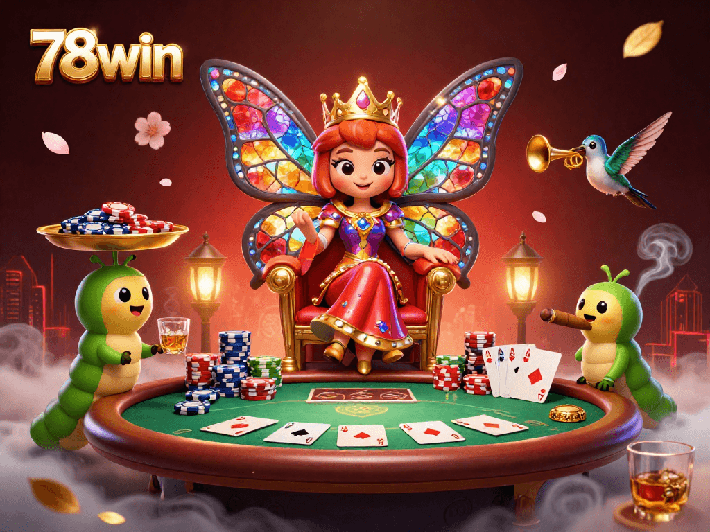 Engage with thrilling poker gameplay at 78win featuring a stylized butterfly queen and vibrant poker elements.