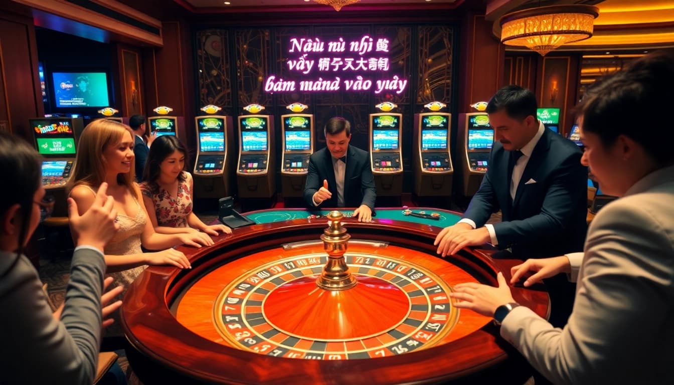 Players engaging at the roulette table in a vibrant casino, embodying the thrill of 'Nếu như vậy bám vào đây' with colorful chips and dynamic lighting.