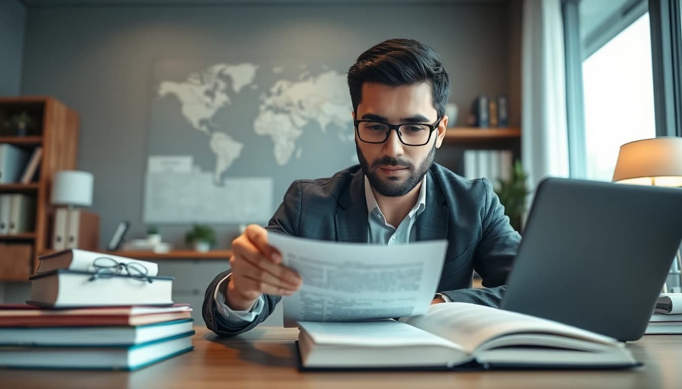 Expert traducteur assermenté arabe dans un bureau moderne, traduisant des documents.