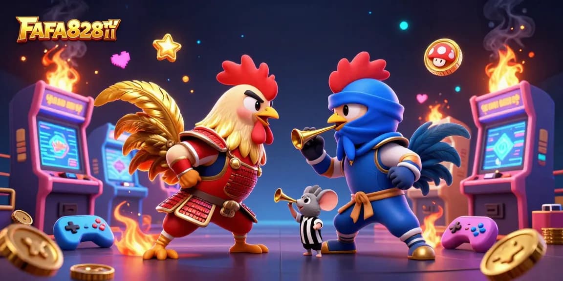 Engage with FAFA828TH as roosters clash in a 3D casino showdown amid vibrant gaming elements.