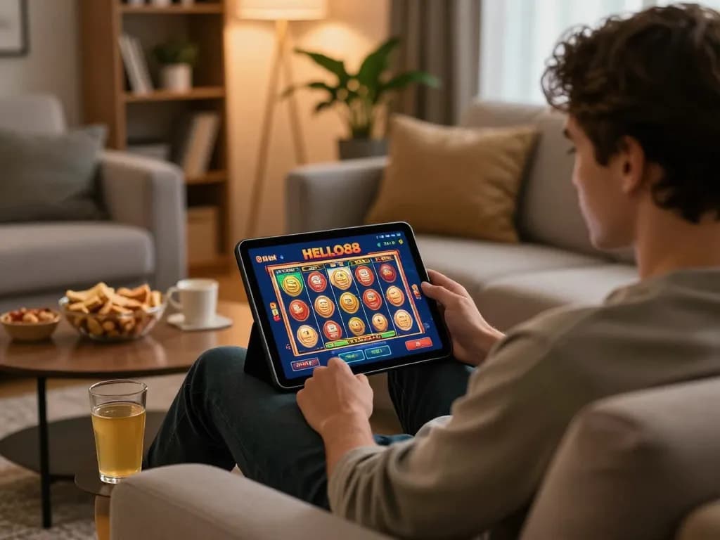 Engaging with HELLO88 on a tablet during a cozy home casino session.