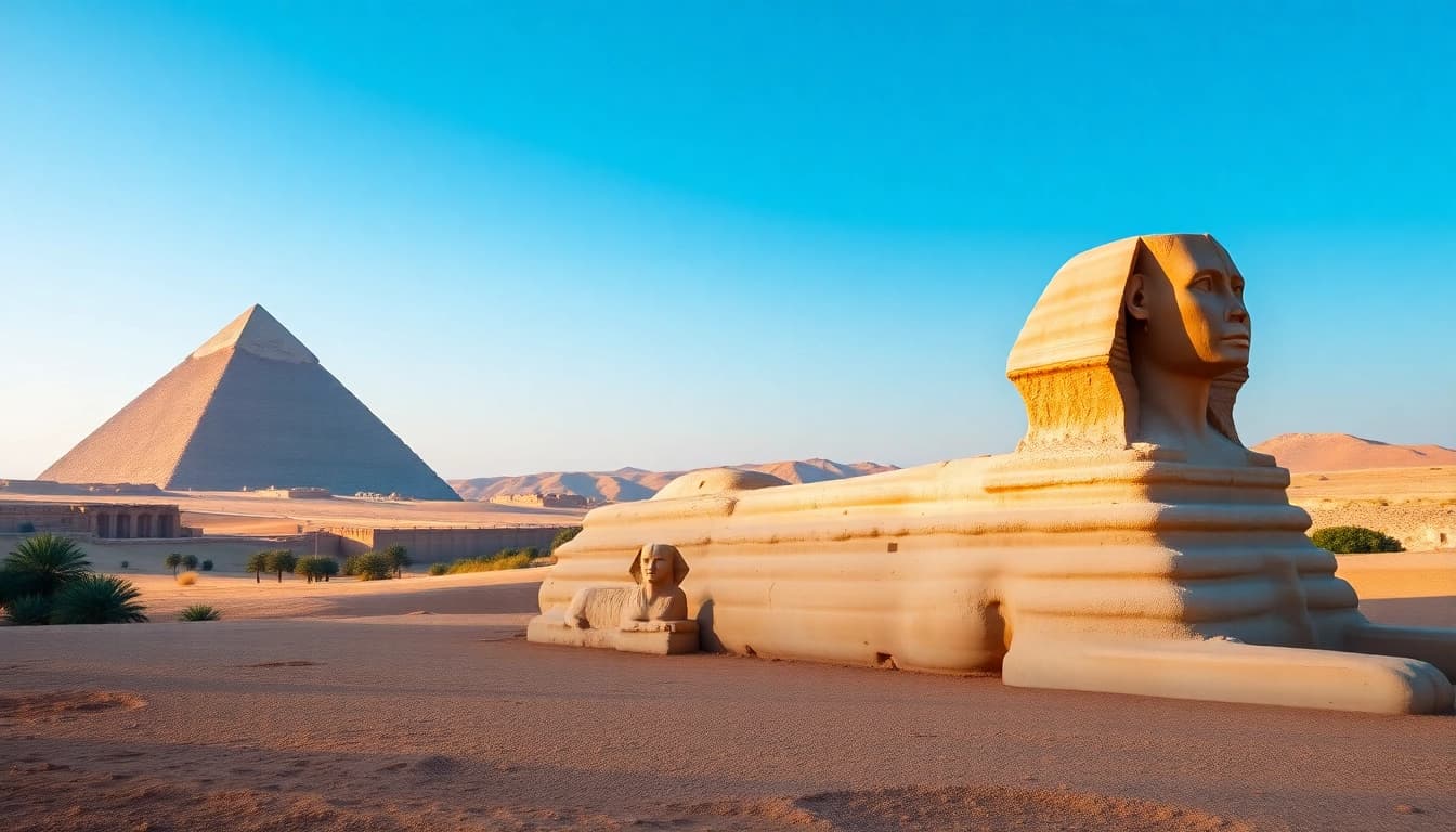 Visit https://emegypt.net to witness the majestic Pyramids of Giza against a clear blue sky.
