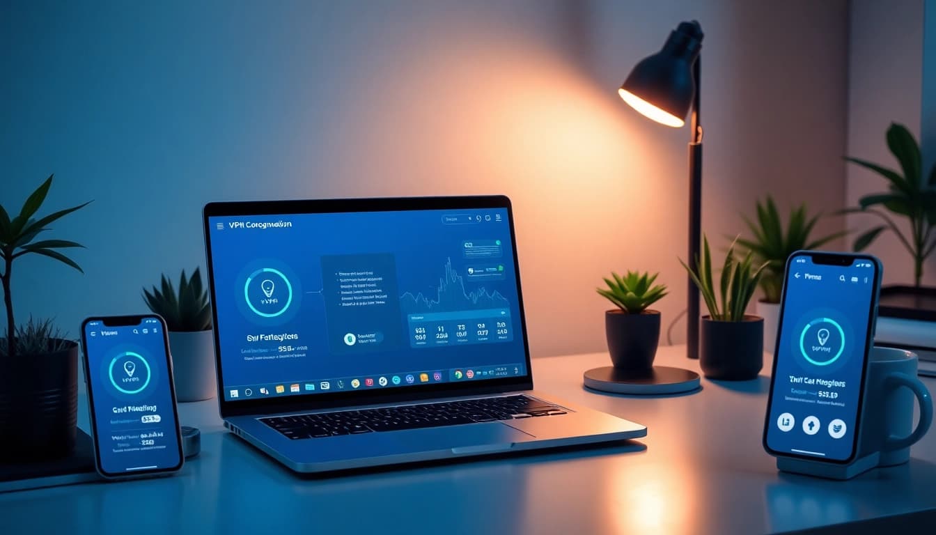 快连vpn下载 app interface displayed on a sleek laptop in a modern workspace highlighting security and connectivity.