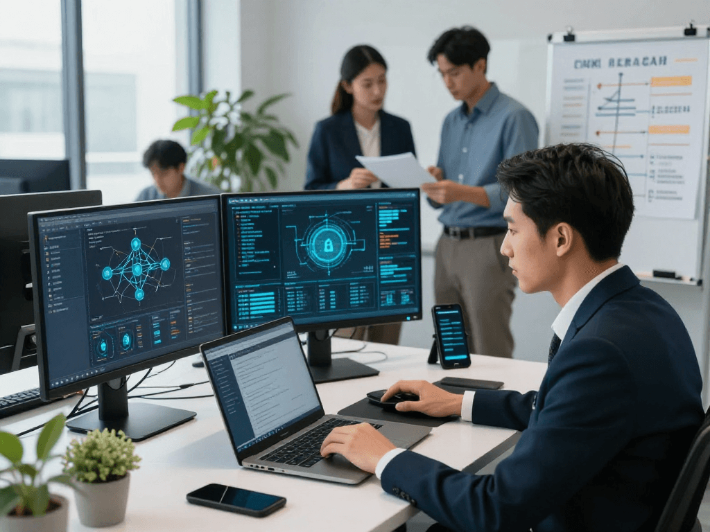 Daten- und IT-Sicherheit Dienstleistung showcasing a cybersecurity expert analyzing threat data in a professional tech office.