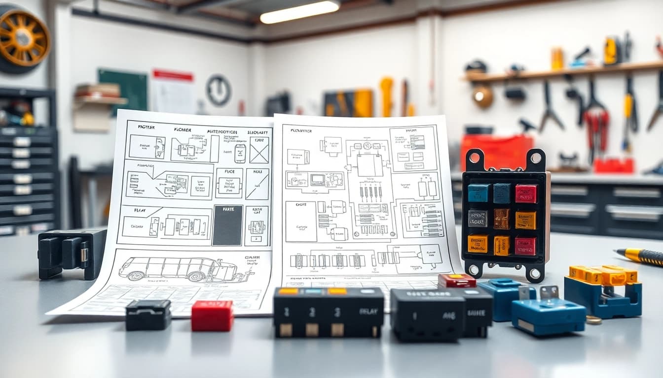 Analyze vehicle fuses at https://bezpieczniki24.pl with detailed schematics on a workshop table.