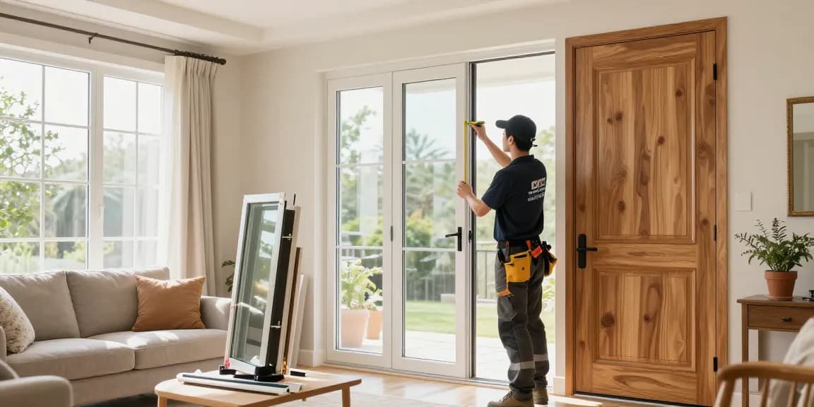 Türen und Fenster einbauen Augsburg mit einem professionellen Bauunternehmer, der moderne Fenster und Türen in einem hellen Wohnzimmer installiert