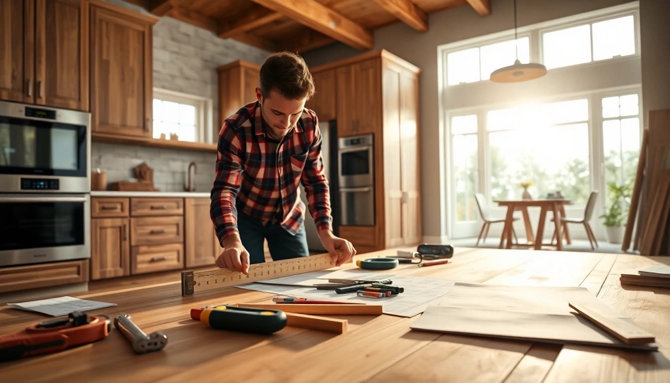 Craftsmen engaged in home renovation, focusing on a kitchen transformation with modern features.