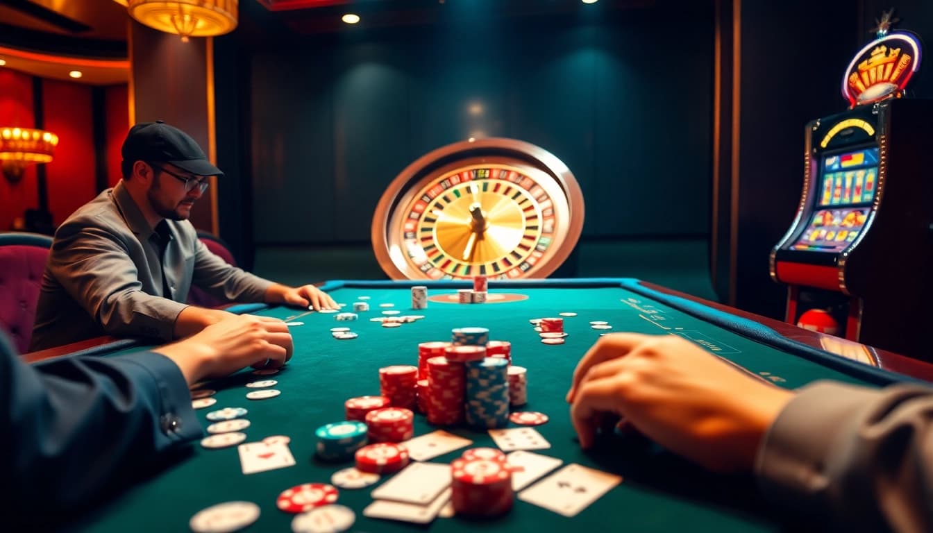 High-stakes poker table at jun88 com with vibrant chips and casino atmosphere.