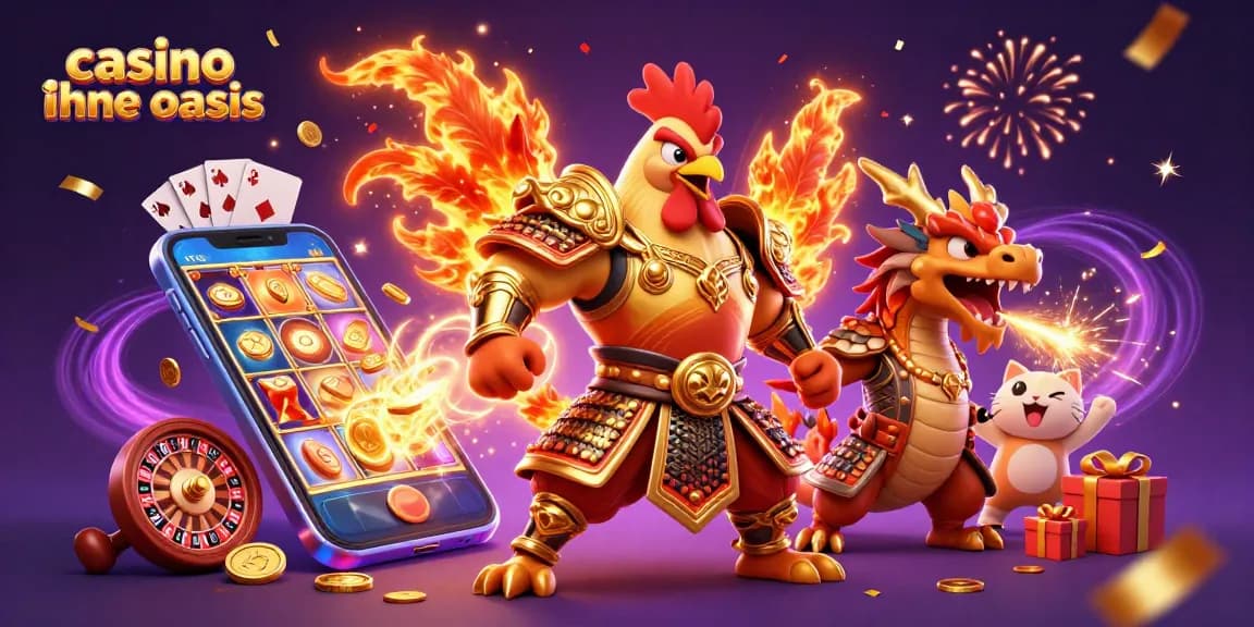 Experience the thrill at casino ohne oasis with a fighting rooster warrior and a dragon hatchling amidst vibrant casino elements.