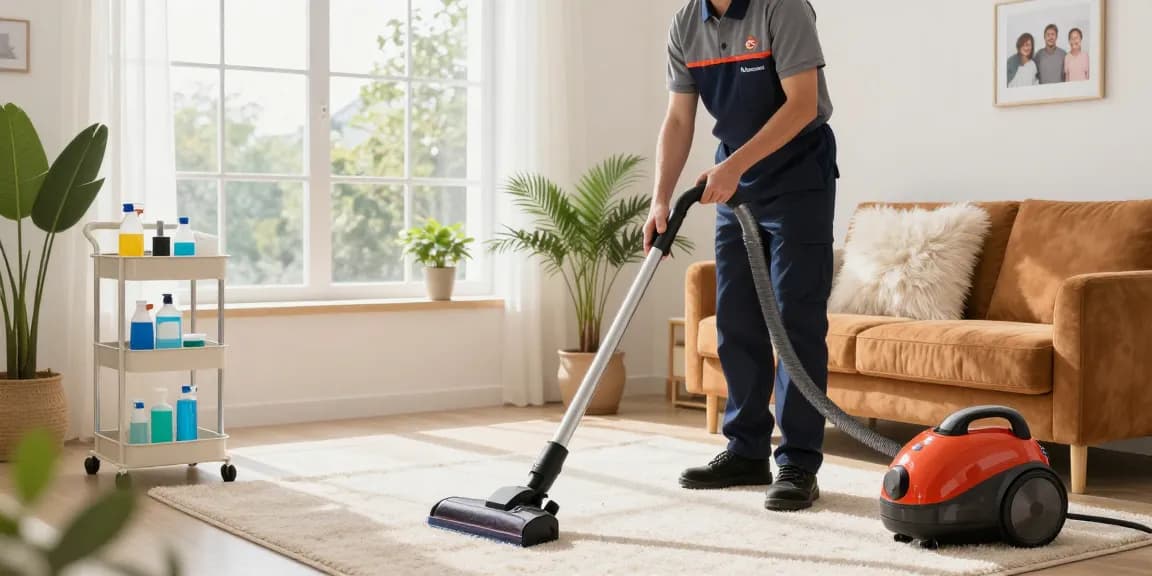 Professional cleaner providing a reinigung offerte in a cozy living room, showcasing a spotless carpet and bright natural light.