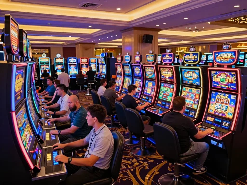 Players enjoying dynamic slot bet 100 action at a vibrant casino environment.