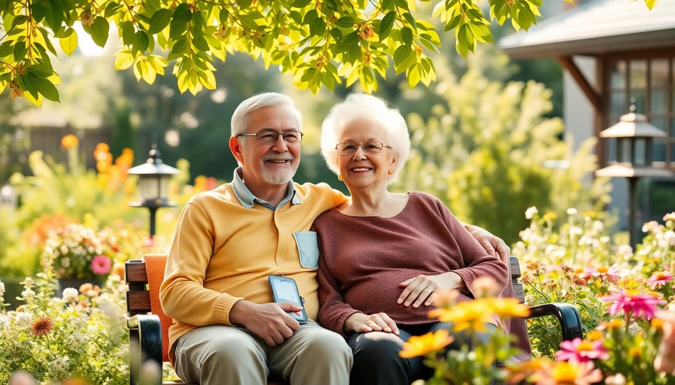 Retirement joy at https://frontidas.com—an elderly couple in a sunlit garden, enjoying life together.