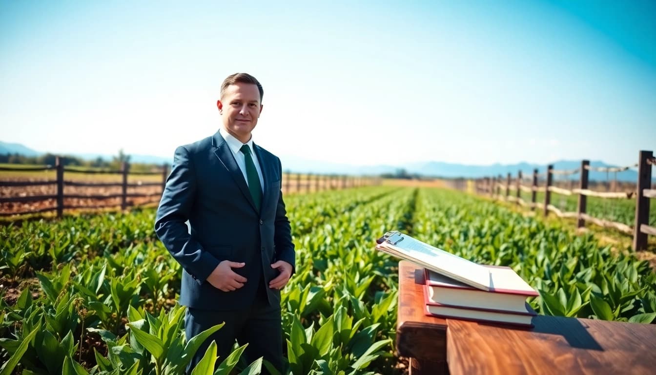 Agriculture law expert advising on farmer rights in a vibrant field setting.