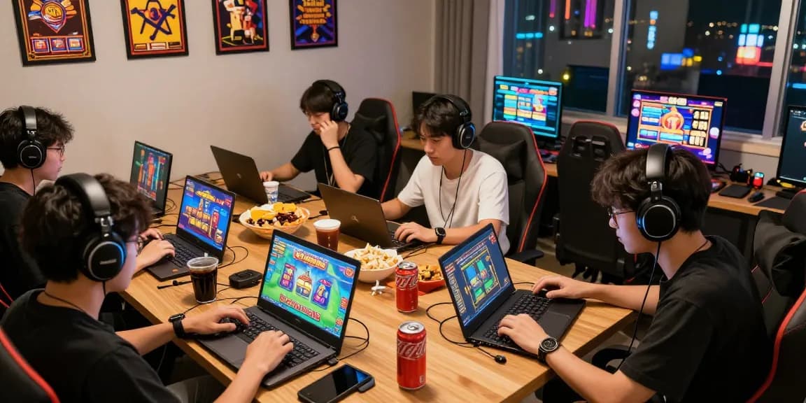 Players enjoying slot88 games in a vibrant gaming room filled with colorful graphics and snacks.