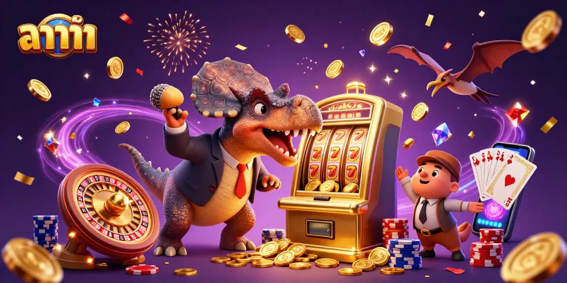 Engaging บาคาร่า action as a dinosaur interacts with casino elements, ensuring a fun gaming experience.