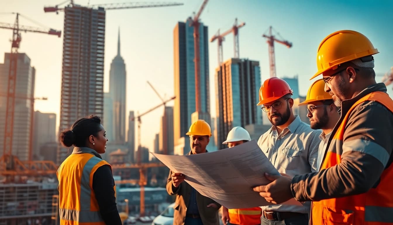 New York City Commercial General Contractor supervising diverse workers at a construction site.