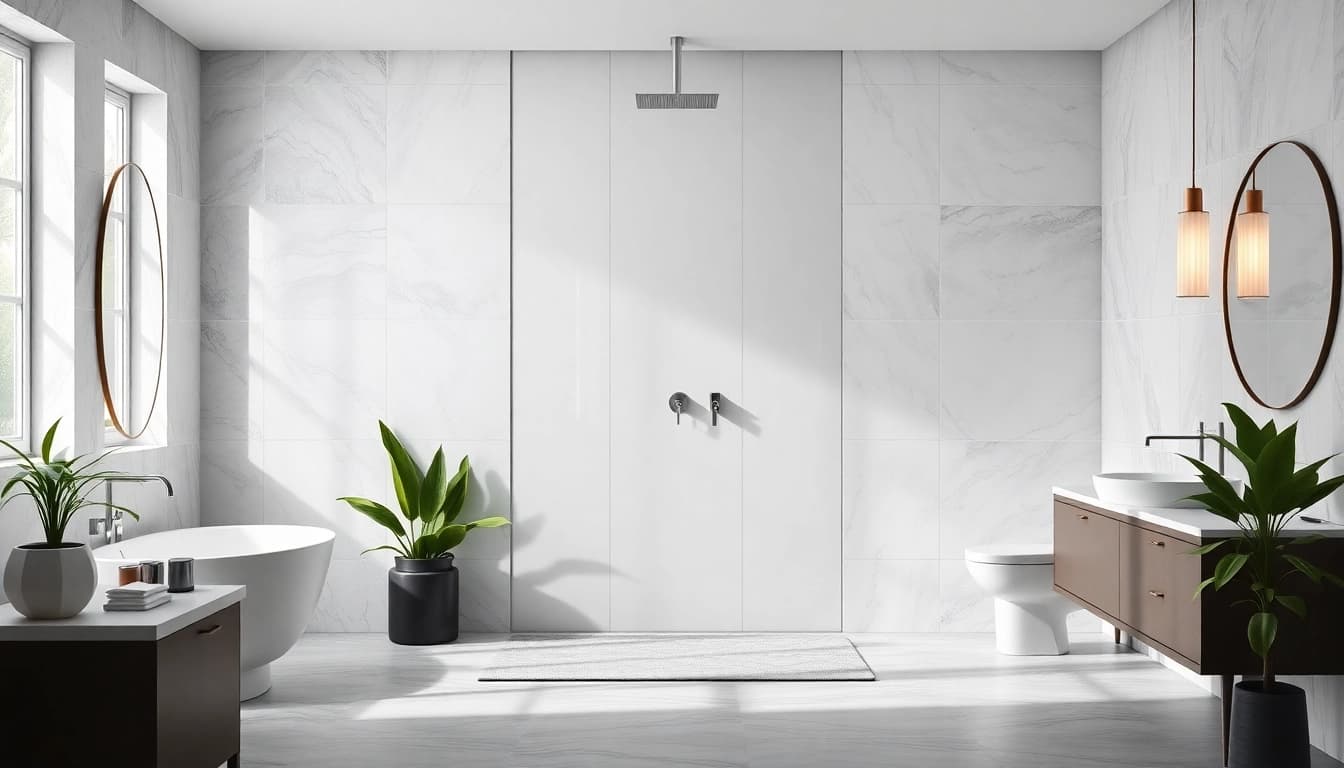 Découvrez le mur de douche élégant de huarachepaschers.fr avec des éléments de décor modernes.